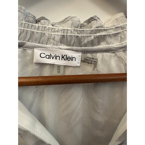 Calvin Klein Women’s Sheer Tropical Leaf Print Blouse Gray White M - Picture 8 of 8